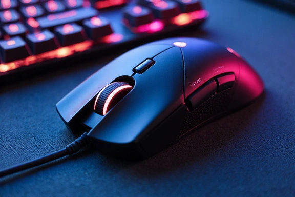 Close-up of a high-tech gaming mouse and keyboard, glowing with RGB lights, representing innovation and precision