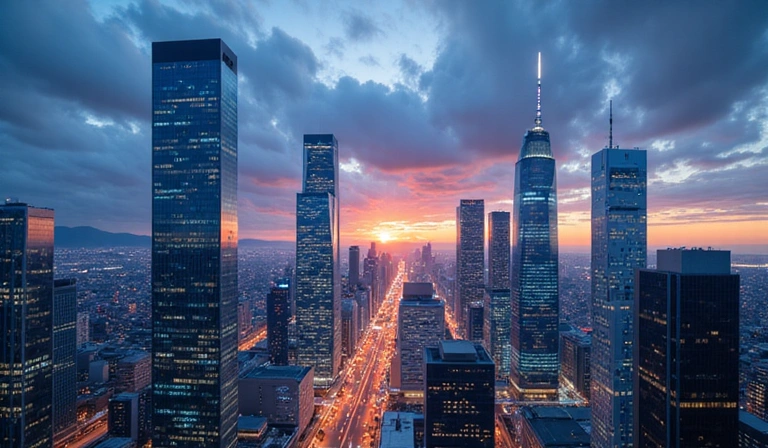 Futuristic cityscape at dawn with glowing data streams representing technological advancement