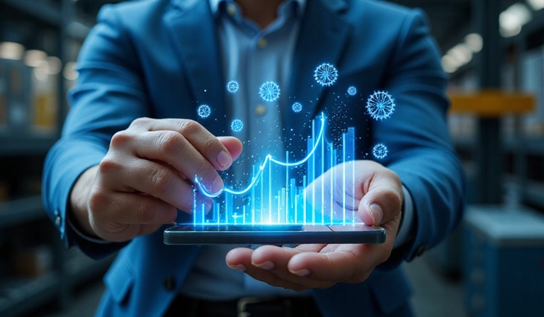 Hands interacting with a holographic interface displaying business analytics
