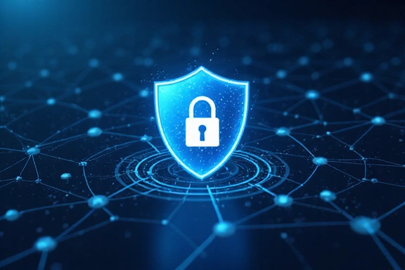 Cybersecurity illustration with a shield, padlock, and network lines