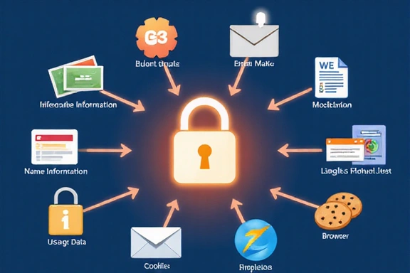 Data collection illustration with secure lock and various data types
